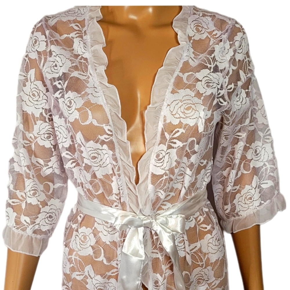 Sexy Lingerie Dressing Gown, Size M - White Sheer Lace Robe